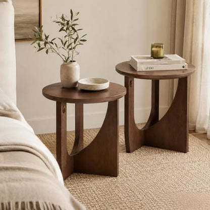 100% Solid Wood Round Side Table Set of 2, 19.7'' Walnut Brown Small End Table, Sofa Side Table with Sculptural Curved Base, Minimalist Accent Table for Living Room, Bedroom, Reading Nook