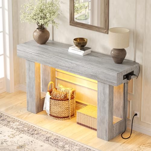 Unikito 47" Entryway Table with Socket and Sensor Light, Narrow Console Table with Storage Behind Couch, Farmhouse Entry Way Tables with Open Storage for Entrance/Hallway/Living Room, White Oak | Narrow Console Table with Storage Behind Couch, Farmhouse F