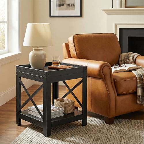 Farmhouse Square Side Table,2-Tier End Table with Storage Shelf | Modern Sofa Couch Table Bedside Nightstand With X-Frame for Living Room Bedroom Office Small spaces,Black - color: Black, style: Farmhouse