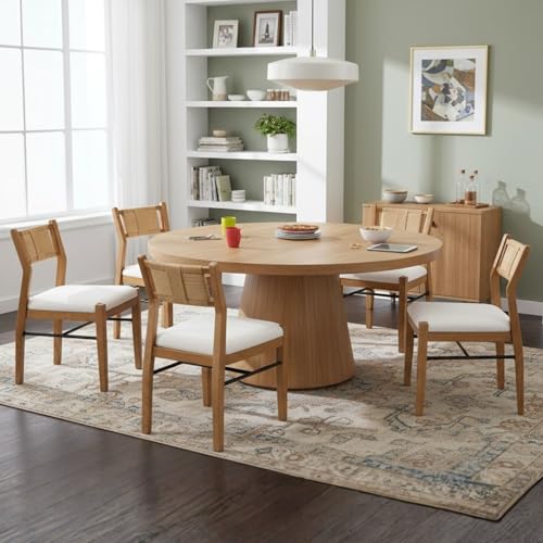 BESTANO Modern Armless Dining Chairs with Rope Woven Back Set of 6, Beige Linen Fabric Upholstered Kitchen & Dining Room Chairs, Mid-Century Classic Farmhouse Wooden Side Chair - color: Beige, size: 6 Chairs