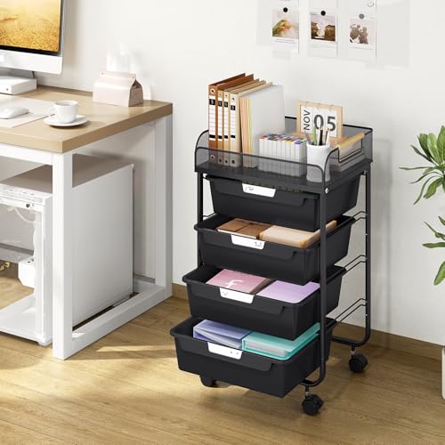 SYKIARIOL 4-Drawer Rolling Storage Cart with Mesh Top, Utility Craft Organizer Cart on Wheels with DIY Labels, Rolling Drawer Cart for Home Office Classroom Bedroom, Black - color: Black