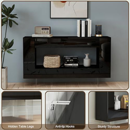 47" High Gloss Console Table with Hidden Side Storage Cabinets, Modern Black Entryway Sofa Table for Behind The Couch, Living Room - color: High Gloss-black