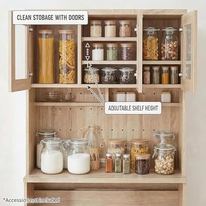 Garvee 71" Large Kitchen Pantry Cabinet with Drawers and Power Outlet, Tall Kitchen Hutch with Countertop for Kitchen,DIY Pegboard and Drawers, Farmhouse Food Pantry for Living Room - color: Natural Wood