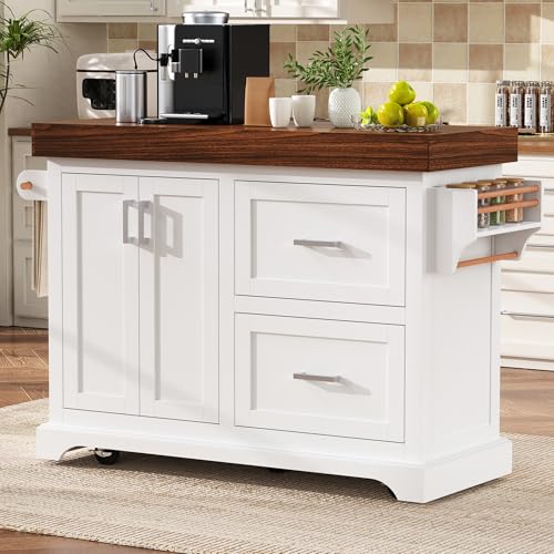 53" Large Kitchen Island with Ultra-Thick 3.5" Countertop, Heavy-Duty Rolling Storage Cart on 5 Wheels, 2 Extra-Large Drawers, Adjustable Cabinet Shelf, for Kitchen, White - color: White