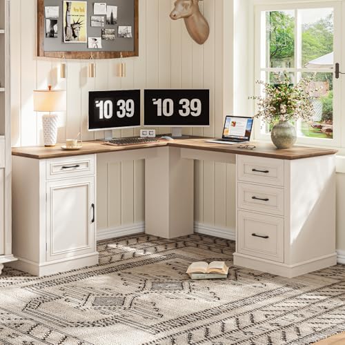 Halitaa Farmhouse 59" L-Shaped Executive Desk with Drawers, White-Brown | Wood Home Office Corner Desk with File Drawer, Storage Cabinet, Rustic Computer Writing Desk for Home Office - color: White-brown, size: Cabinet On the Left