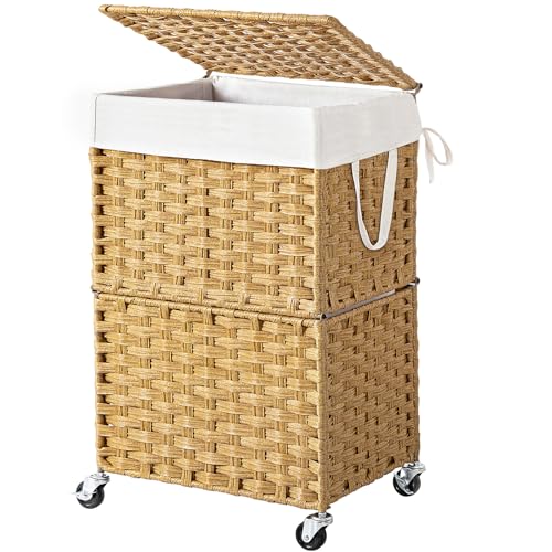 Chrislley 90L Slim Laundry Hamper with Wheels, Rolling Laundry Basket with Lid and Renovable Liner Bag, Handwoven Rattan Organizer for bedroom, bathroom, laundry room (Yellow) - color: Yellow