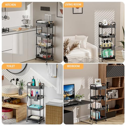 4 Tier Rolling Utility Cart with Drawer,REBECAT Utility Cart Made of Multifunctional Storage Organizer Tool for Kitchen,Bathroom,Living Room,Office(Black) - color: Black