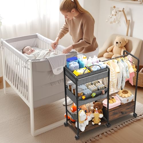 BBLIKE 3in1 Diaper Caddy Organizer - Diaper Caddy & Rolling Diaper Cart with Kids Clothing Rack for Nursery and Baby Essentials, Multi-Function Utility Cart for Bedroom and Bathroom, Black&Brown