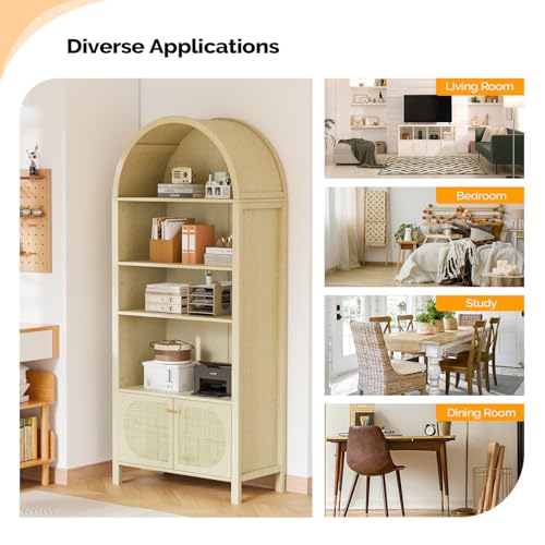 VINGLI 70" Arched Display Cabinet with 5 Shelves, Rattan Storage Cabinet 5 Tier Arched Bookshelf, Wood Tall Bookcases, Sturdy, Stylish for Living Room Bedroom Dining Room Office Study Room, Oak - color: White Oak