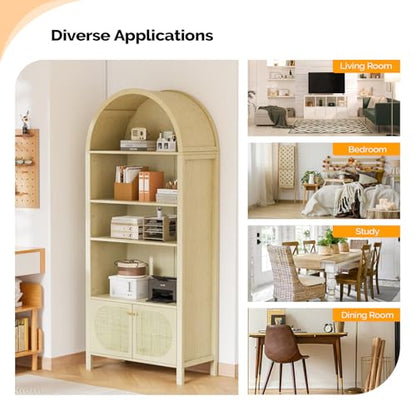 VINGLI 70" Arched Display Cabinet with 5 Shelves, Rattan Storage Cabinet 5 Tier Arched Bookshelf, Wood Tall Bookcases, Sturdy, Stylish for Living Room Bedroom Dining Room Office Study Room, Oak - color: White Oak
