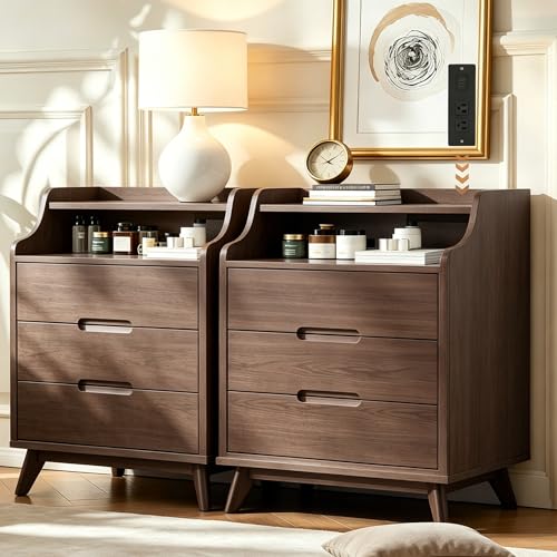 35" Large Night Stand Set of 2 with Charging Station, 3 Drawer Nightstand | Spacious Drawers, Pre-Installed Slide, Wood Bedside Table, Modern End Table, Nightstand for Bedroom Sofa Couch, Brown - color: Brown, size: Large (3 drawer)