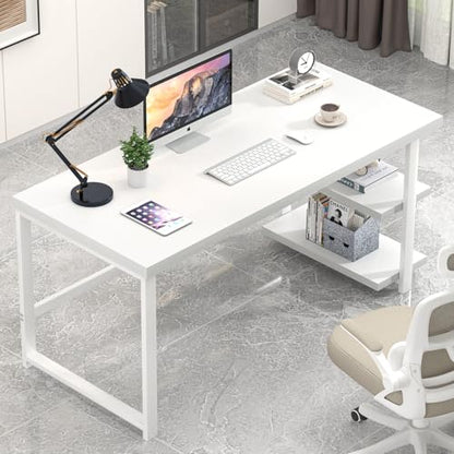 EXCEFUR White Computer Desk, Modern Home Office Desk with Storage Shelf, Wood and Metal Writing Study Table for Living Room Bedroom, 53 Inch - color: White