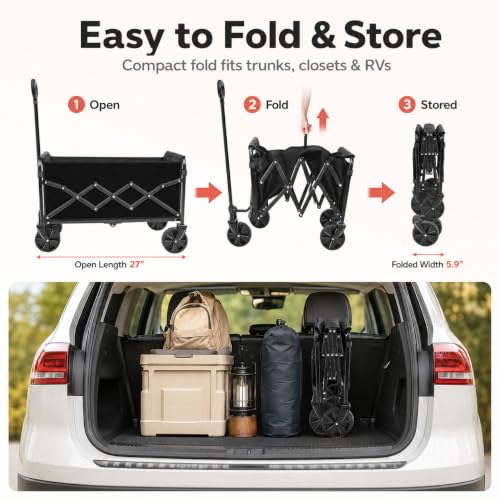 Collapsible Wagon Cart with Wheels, Compact 360 lb Folding Utility Wagon | 120L compact wagon with 360 lb support, 11 lb lightweight design, adjustable handle, 2 cup holders and all-terrain wheels - size: 360LB