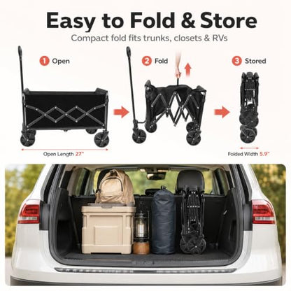 Collapsible Wagon Cart with Wheels, Compact 360 lb Folding Utility Wagon | 120L compact wagon with 360 lb support, 11 lb lightweight design, adjustable handle, 2 cup holders and all-terrain wheels - size: 360LB