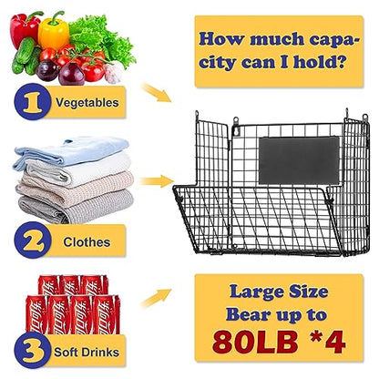 X-cosrack Metal Wire Basket Wall Mount, 4 Tier Extra Large Wall Storage Basket Organizer with Chalkboards, Kitchen Fruits and Vegetables Produce Bin Rack Toys Organizer Bathroom Tower Baskets (Black) - color: Black-4 Tiers