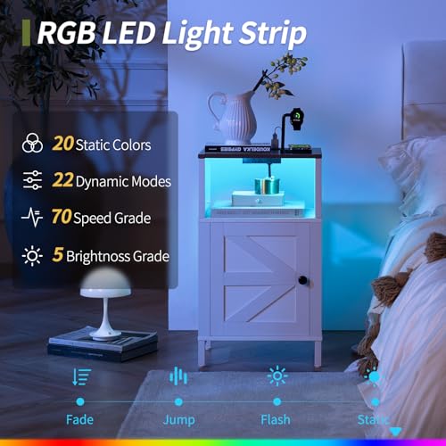 Yoobure Farmhouse NightStand with Charging Station，Wood Night Stand End Table with USB Ports, LED Bed Side Table with Storage Cabinet，Bedside Table for Bedroom, Living Room White - color: White