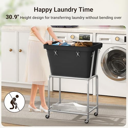 ELYKEN Rolling Laundry Hamper with Wheels, Removable Bag, Laundry Cart | Heavy Duty Metal Frame, 2-Tier Clothes Basket with Shelf, Ideal for Closet, Bedroom, Bathroom & Laundry Room - color: Black, size: 20.3"L x 15.9"W x 30.9"H