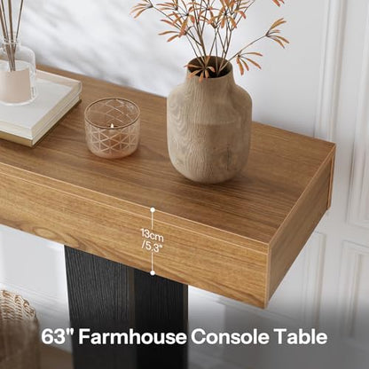 HOOBRO 63 Inch Console Table, Entryway Table with Expandable Tabletop, Long Sofa Table Behind Couch Table for Living Room, Hallway, Foyer, Black and Walnut BH176XG01
