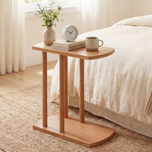 COSTWAY Solid Teak C-Shaped Side Table, Natural Slim 2-Tier End Table with Thick Top & Stable Base, Space-Saving Couch Table for Living Room Bedroom Small Spaces (1)