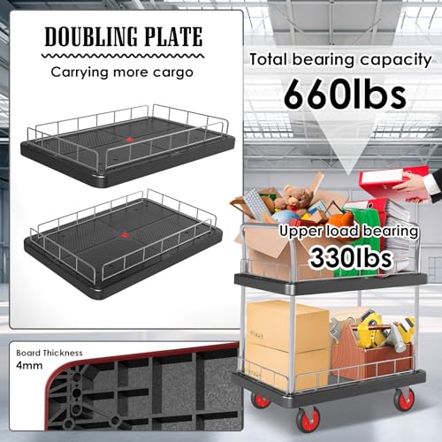 2 Shelf Utility Service Cart- 660lbs Capacity Heavy-Duty Plastic Rolling Utility Carts with 4 of 360° Swivel Wheels and Handle, Large Service Cart for Groceries,Warehouse,Garage 34.6''x 22.8'' - color: 660lbs Capacity