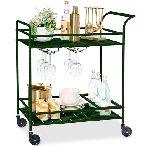 Best Choice Products Rolling Bar Cart, Mobile Home Bar Serving Cart, Serving Station w/ 2 Tier Shelves, Wine Rack, Lockable Wheels - Deep Green - color: Deep Green