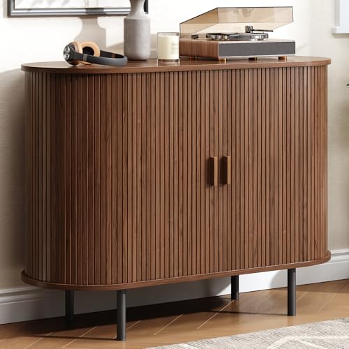 Buffet Cabinet with Storage, Fluted Sideboard Buffet with Sliding Door, Coffee Bar Cabinet with Adjustable Shelf, Console Table, Accent Table for Entryway, Kitchen (Walnut, 40 Inch) - color: Walnut, size: 40 Inch