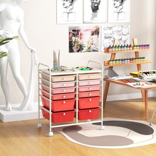 Moccha 12-Drawer Rolling Storage Cart - Utility Cart on Wheels with Lockable Casters for Craft Art Supply Paper Salon, Mobile Drawer Carts for Classroom Teacher School Office (Gradient Pink) - color: Gradient Pink, style: 12 Drawers