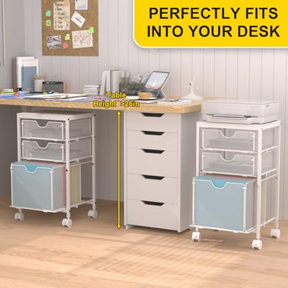 BOHDK Rolling File Cart with 3 Storage Drawers, Wood & Mesh Hanging File Folder Organizer with Wheels Under Desk, File Cabinets for Home Office, 11.81" D x 14.8" W x 25.39" H, White - color: White