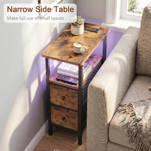 LOAKEKEL Narrow Nightstand with Charging Station, End Tables Living Room | Set of 2, Skinny Side Table with 2 Fabric Drawers, Small Sofa Table with LED Light for Bedroom, Brown - color: Rustic Brown + Black, style: Power + Light
