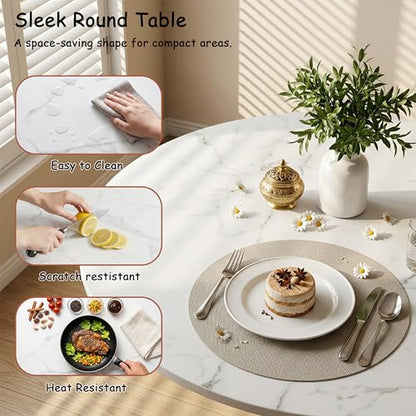 27.6" Marble Round Tulip Table, Mid-Century Modern Style Dining Table with Gold Pedestal Base for 2-4 People, Featuring A Marble Tabletop for Kitchen, Dining Room, Cafe (White) - color: White#gold