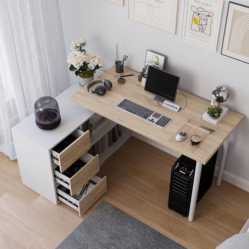 Mekminop L Shape Computer Desk with 3 Drawers and 2 Shelves, Home Office Desk Corner Small Desk with Storage Cabinet for Writing Study Executive – Walnut and White - color: Walnut + White