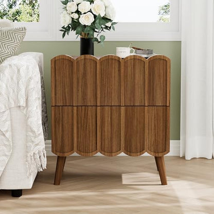 Modern Fluted Nightstand for Bedroom, Walnut Wood Bedside Table | Wood End Side Table with Arch Curved Design, Night Stand with 2 Drawer - color: Brown, size: 1 Pack
