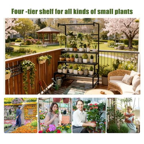 4-Tier Metal Plant Stand on Wheels, 31x24x65 H, 440 lbs Cap. | Sturdy Black Iron Tiered Plant Stand, Stair Shape Display Rack for Indoor & Outdoor Use in Home, Garden, Retail - size: 31in