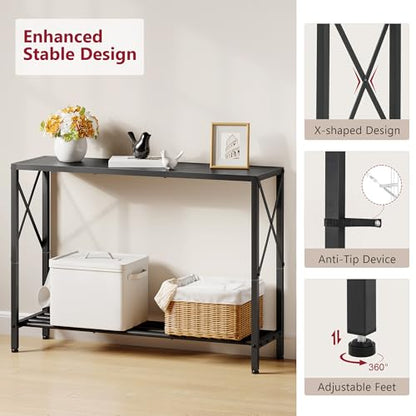 Console Table 41.8", 2 Tier Narrow Entryway Table with Shelves | Black Sofa Table with Stable X-Frame, Behind The Couch, for Entryway, Hallway, Entrance, Living Room, Foyer, Office, Black - color: Black