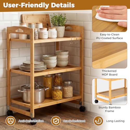 Giantex 3-Tier Rolling Storage Cart, Bamboo Utility Cart w/ 3 Side Hooks & Adjustable Shelves, Multifunctional Kitchen Cart on 2 Lockable Wheels for Living Dining Room, Laundry, Bathroom, Office Art