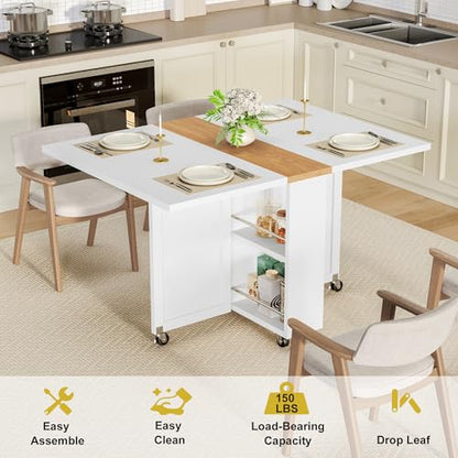 Folding Dining Table with 6 Wheels, Drop Leaf Tables for Small Spaces, Foldable Dining Table with 2-Layer Storage Rack, Kitchen Table with Drawer (White and Oak) - color: White