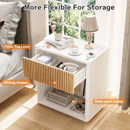 Modern Fluted Nightstand Set of 2 for Bedroom, Mid Century Bedside Table with Drawer & Open Shelf, Wood End Table, Farmhouse Night Stand for Home, Hallway, Office, White - color: White