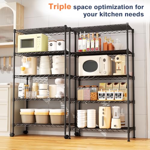 5-Tier Heavy Duty Wire Shelving Unit,35.4" Wx18 Dx71 H,Wire Shelf Racks with Wheels,Height Adjustable Storage Metal Shelves for Kitchen,Garage,Office,Living Room,Pantry,Black - size: 5-Tier,35"x18"x71"(WxDxH)