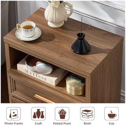 RWYHG 24'' Wide Farmhouse Night Stand with 2 Drawers,Wood Nightstand | Modern End Table Open Storage Shelf, Metal Handle, Mid-Century Bed Side Table for Bedroom, Living Room, Light Walnut - color: Light Walnut