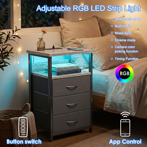 Fixwal Night Stand with Charging Station, LED Nightstand with Fabric Drawers, End Table with PU Finish, Bed Side Table, French Oak - color: French Oak, size: 27.6"H (3 drawers), style: Power+Light (1pc)