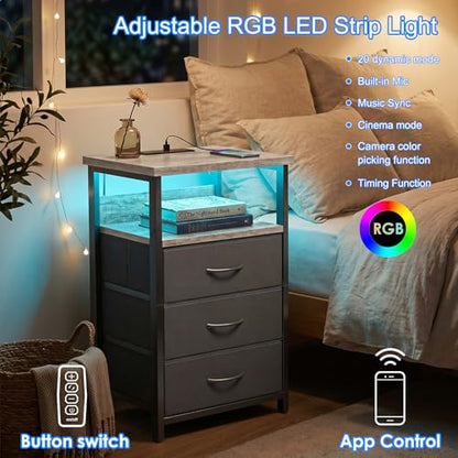 Fixwal Night Stand with Charging Station, LED Nightstand with Fabric Drawers, End Table with PU Finish, Bed Side Table, French Oak - color: French Oak, size: 27.6"H (3 drawers), style: Power+Light (1pc)