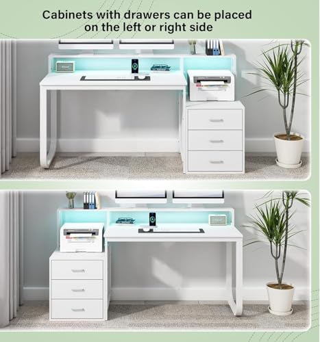 HOMBCK White Computer Desk with 3 Drawers and LED Lights, 67" Home Office Desk with Long Monitor Stand and Printer Shelfe, Writing Desk with Storage, Reversible Design，White - color: White