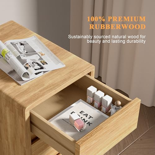 Nightstand 2 Drawers with Open Shelf Narrow Night Stand Solid Wood Bedside Table Mid Century Modern Nightstand Wooden End Table for Bedroom, Study, Office - color: Natural-2d, size: 15.75''×11.8''×23.62''