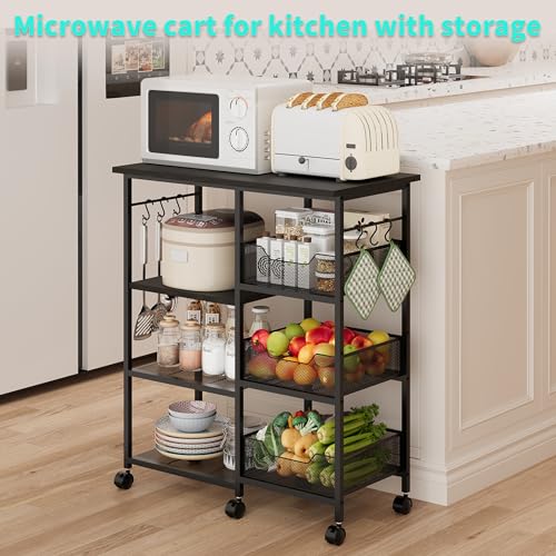 HapiRm Rolling Kitchen Carts with Storage - Microwave Table Stand with 6 Hooks & 3 Baskets, kitchen Island Cart on Lockable Wheels, 28.3" L × 14.6" W Bakers Rack Cart for Dining Room Coffee Bar Office - color: Black