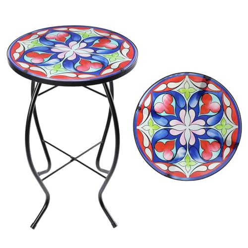 MUMTOP Side Patio Tables-Mosaic Outdoor Side Table - 14’’ Symmetrical Pattern Glass Accent Round End Table, Plant Stand Indoor Small Coffee Table for Garden or Living Room Decor - color: Blue Flower