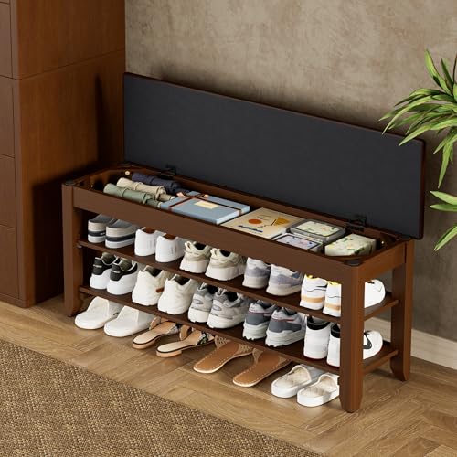 Homleke 39.4" Wide Solid Wood Shoe Rack Bench with Flip-Top Storage | 2-Tier Entryway Bench with Cushion, Adjustable Shelf, Holds Up to 10 Pairs, for Hallway, Bedroom and Closet, Walnut - color: Walnut, size: 2-Tier 39.4 Inch