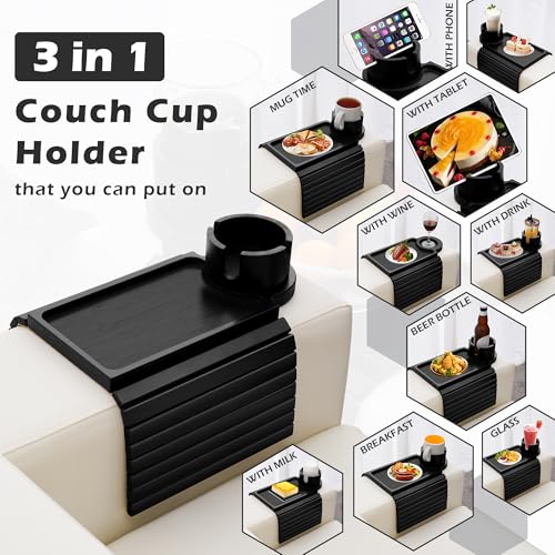 GHKINMAL Couch Cup Holder Tray, 3 in 1 Large Couch Arm Trays,Bamboo Chair Clip on Tray with 360° Ratated Phone Holder for Couch,Armrest Tray for Snacks,Remote,Phone - color: Black