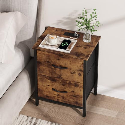 Vagusicc Nightstand with Charging Station, Bedside Table with USB Ports and Outlet, End Table Side Table with 2 Fabric Drawers for Bedroom, Living Room, Rustic Brown - color: Rustic Brown (1 Pack)