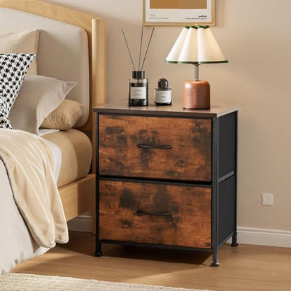 Nightstand Set of 2 Small 2 Drawer Dresser End Table Bedside Furniture | Wooden Top Fabric Bins for Bedroom, Closet, Entryway, Dorm, 11.8" D x 18" W x 20", Brown - color: Brown
