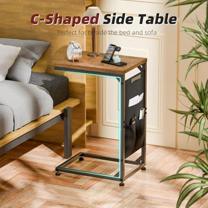 Simple Trending C Shaped End Table, Side Table TV Trays Set of 2 with Fabric Storage Bag, Couch Sofa Table for Living Room, Rustic Brown - size: Long Table Top Two-piece Set With Storage Bag